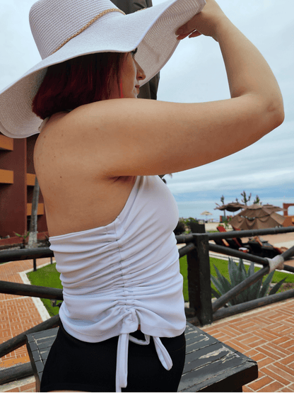 High Neck Drawstring Halter Crop Top – Slimming Fit, Double - Lined, Chlorine - Resistant Fabric White - Tenku Designs