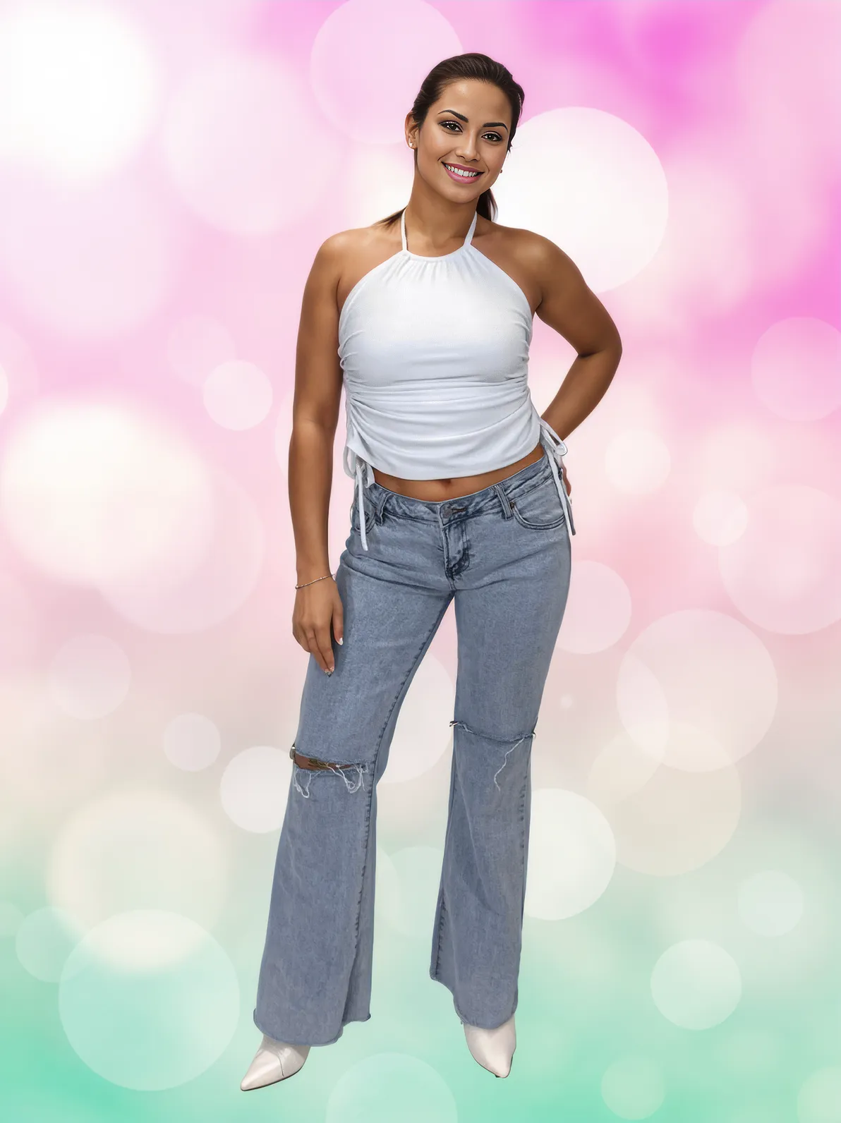 High Neck Drawstring Halter Crop Top – Slimming Fit, Double - Lined, Chlorine - Resistant Fabric White - Tenku Designs