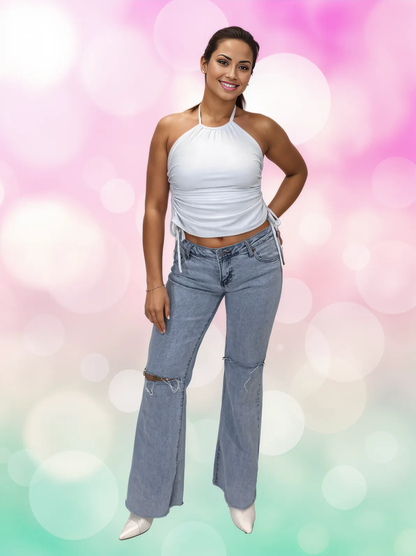 High Neck Drawstring Halter Crop Top – Slimming Fit, Double - Lined, Chlorine - Resistant Fabric White - Tenku Designs