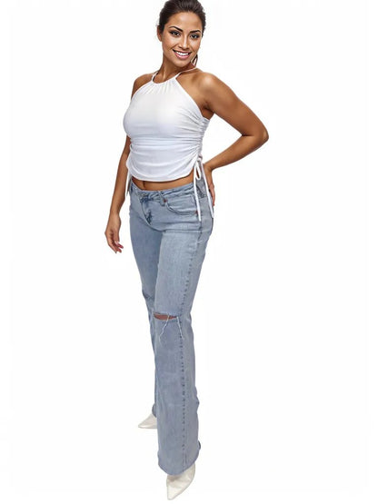 High Neck Drawstring Halter Crop Top – Slimming Fit, Double - Lined, Chlorine - Resistant Fabric White - Tenku Designs