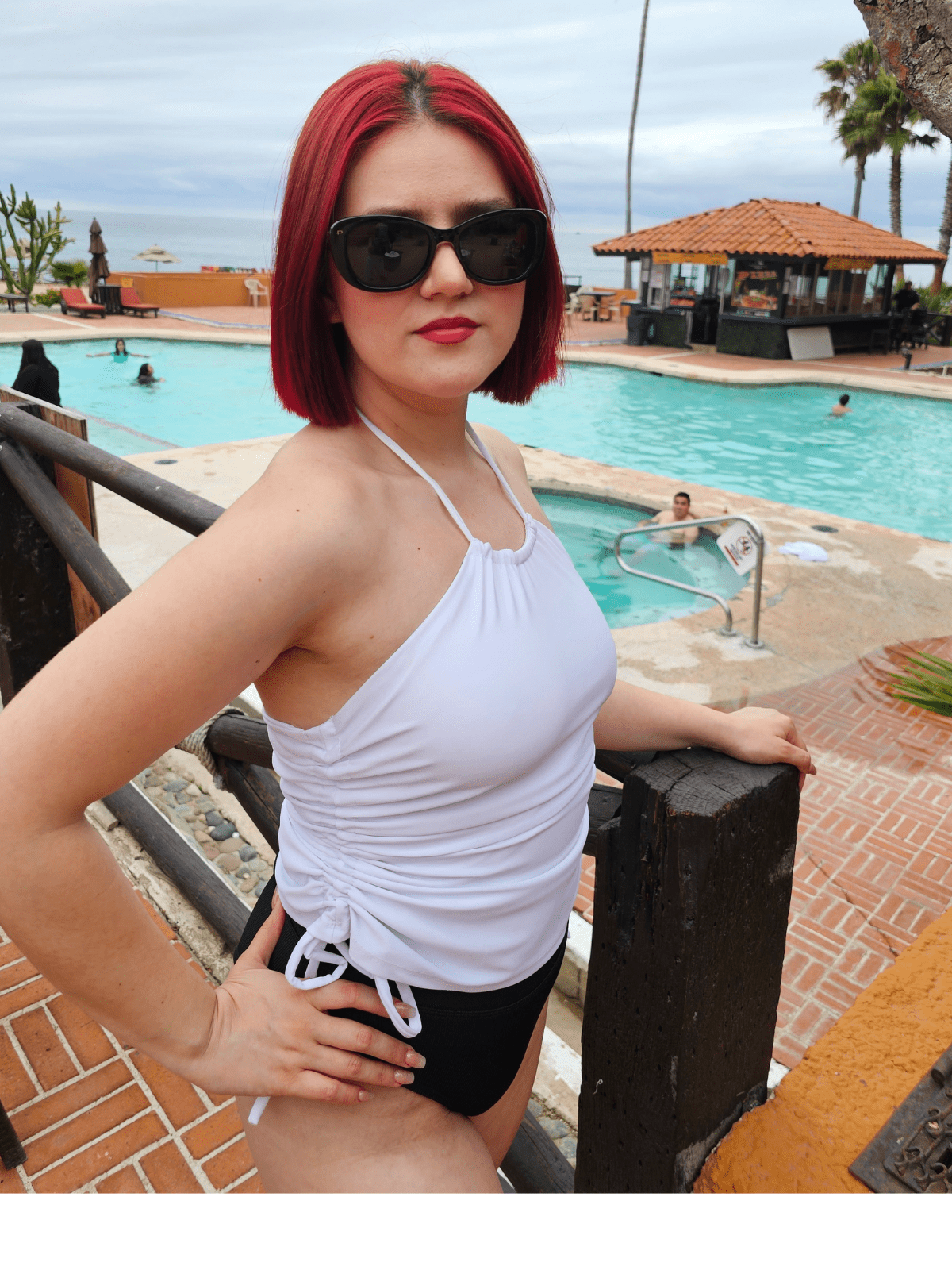 High Neck Drawstring Halter Crop Top – Slimming Fit, Double - Lined, Chlorine - Resistant Fabric White - Tenku Designs