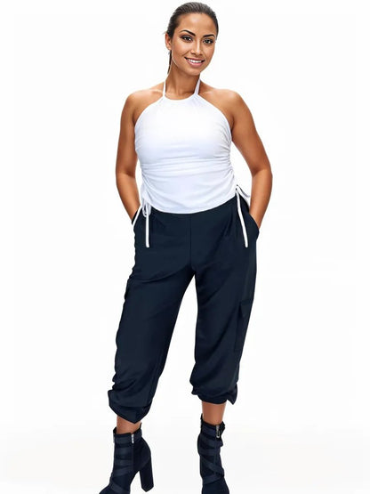 High Neck Drawstring Halter Crop Top – Slimming Fit, Double - Lined, Chlorine - Resistant Fabric White - Tenku Designs