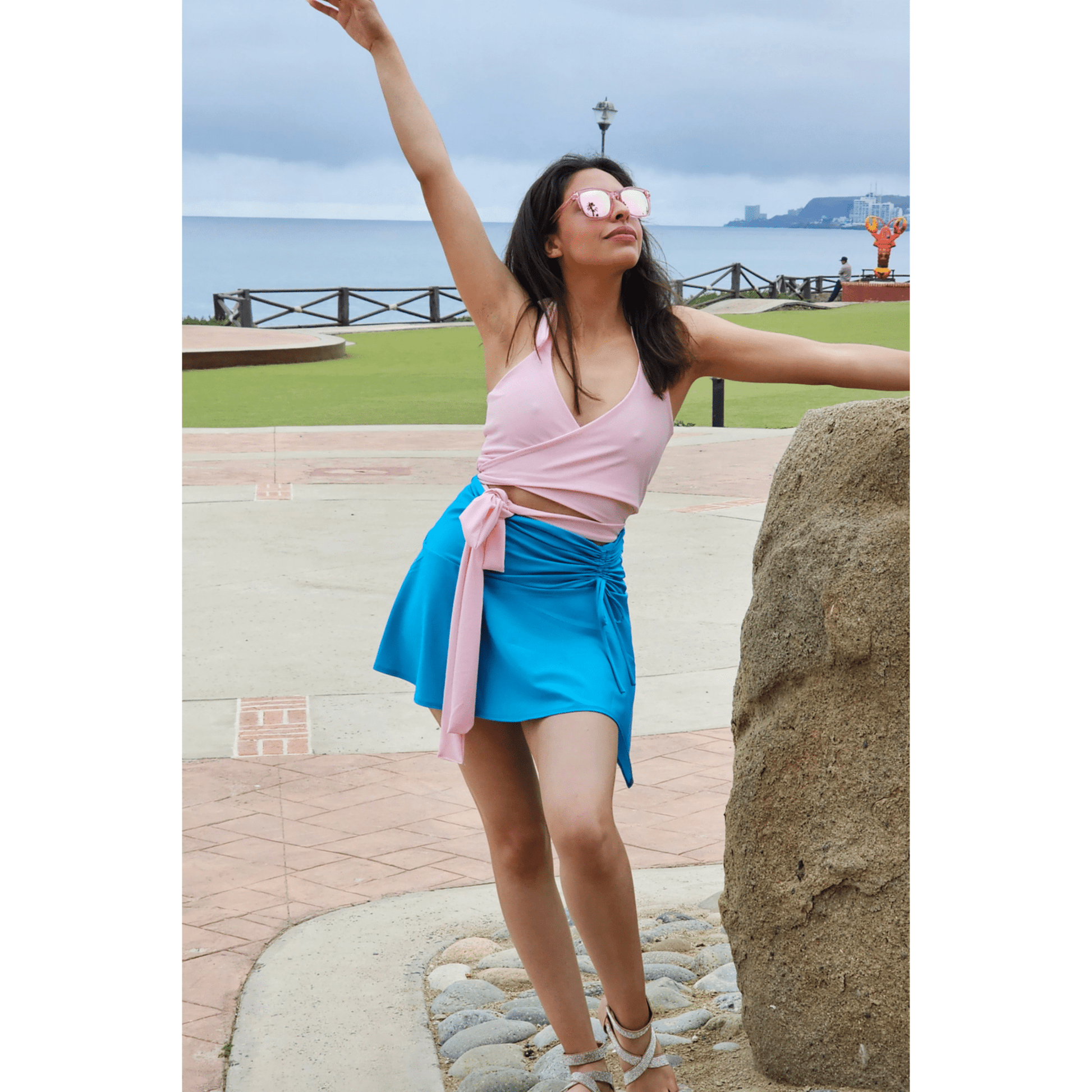 High - Rise Tummy Control Ruched Extra Mini Skirt – Adjustable Asymmetrical Drawstring Skirt Blue - Tenku Designs