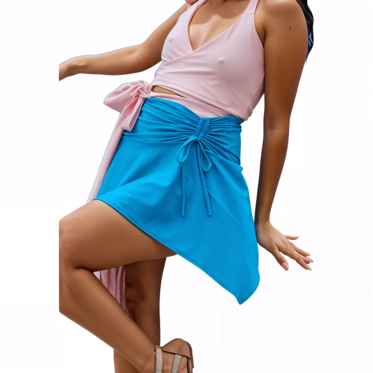 High - Rise Tummy Control Ruched Extra Mini Skirt – Adjustable Asymmetrical Drawstring Skirt Blue - Tenku Designs