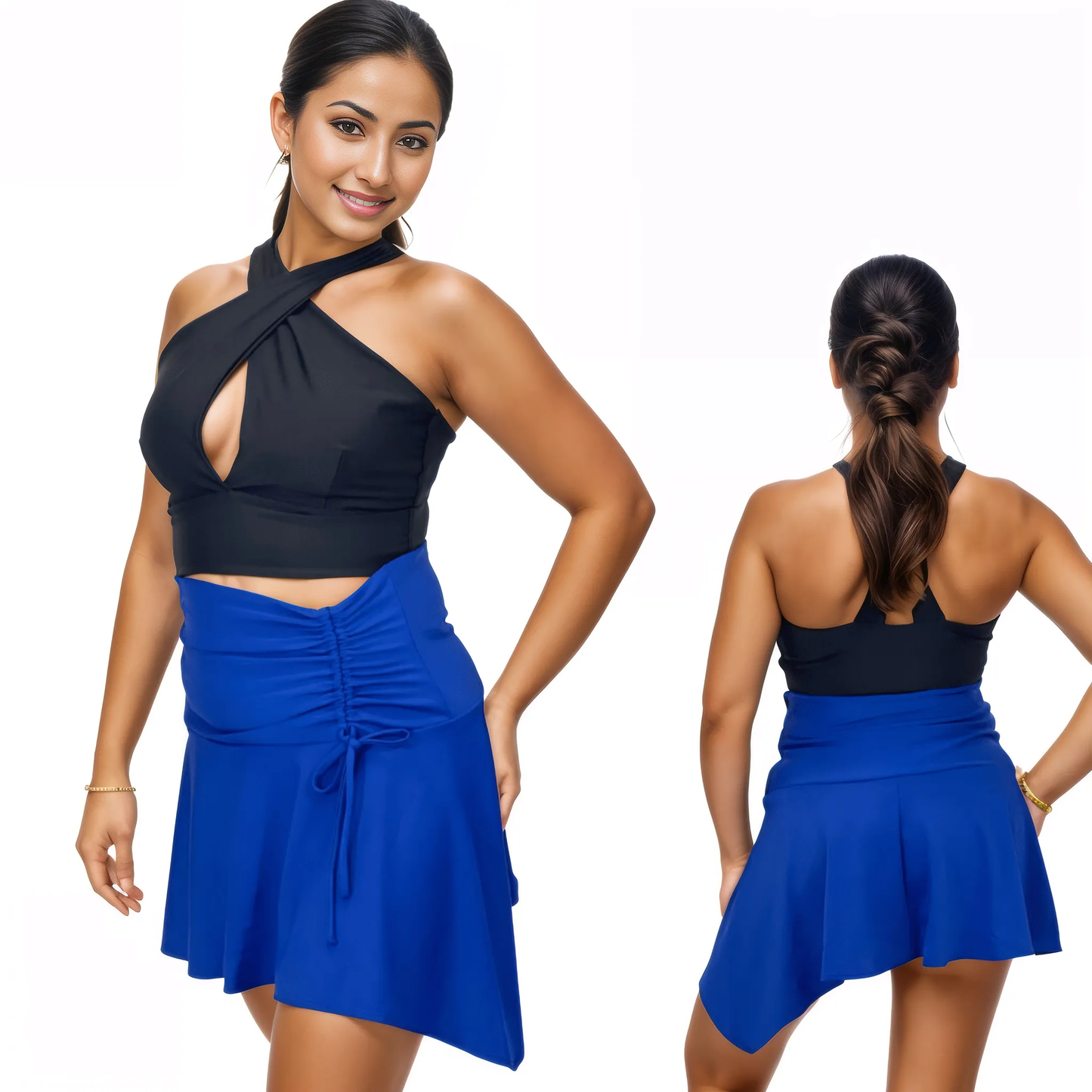 High - Rise Tummy Control Ruched Extra Mini Skirt – Adjustable Asymmetrical Drawstring Skirt Cobalt Blue - Tenku Designs