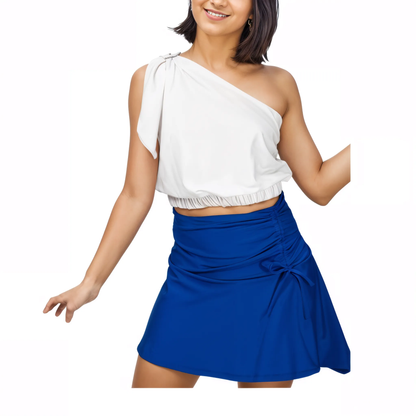High - Rise Tummy Control Ruched Extra Mini Skirt – Adjustable Asymmetrical Drawstring Skirt Cobalt Blue - Tenku Designs