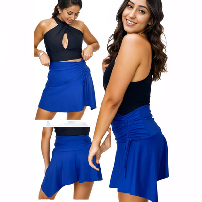 High - Rise Tummy Control Ruched Extra Mini Skirt – Adjustable Asymmetrical Drawstring Skirt Cobalt Blue - Tenku Designs