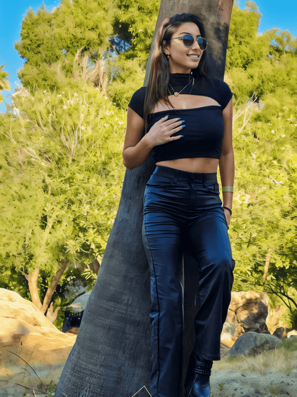 High Waisted Leather - Like Flare Pants - Tenku Designs