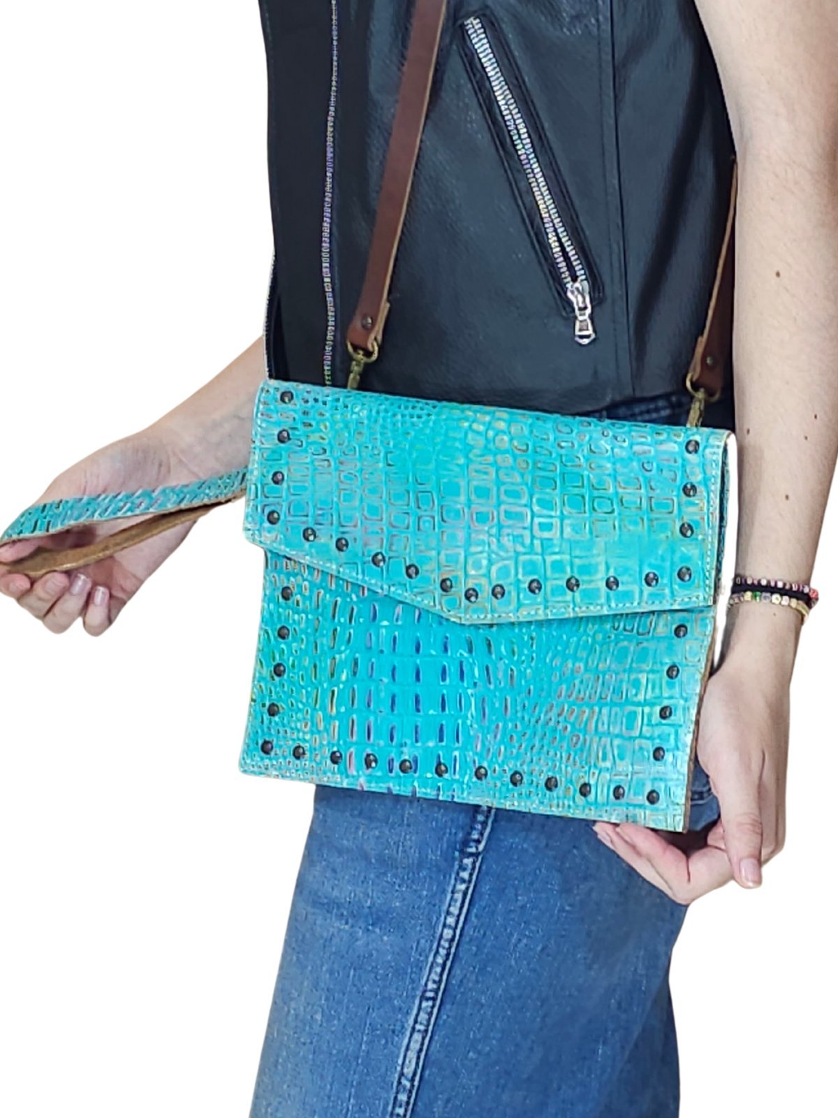 Hybrid Crosboddy Hand Wrist Bag Cocodrille Turquoise - Tenku Designs