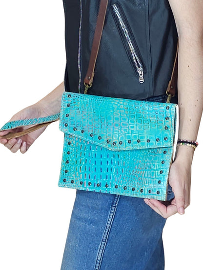 Hybrid Crosboddy Hand Wrist Bag Cocodrille Turquoise - Tenku Designs