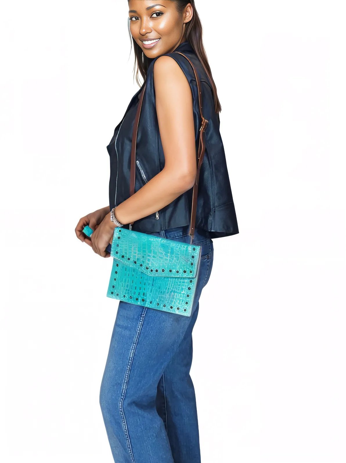 Hybrid Crosboddy Hand Wrist Bag Cocodrille Turquoise - Tenku Designs