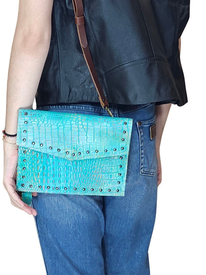 Hybrid Crosboddy Hand Wrist Bag Cocodrille Turquoise - Tenku Designs