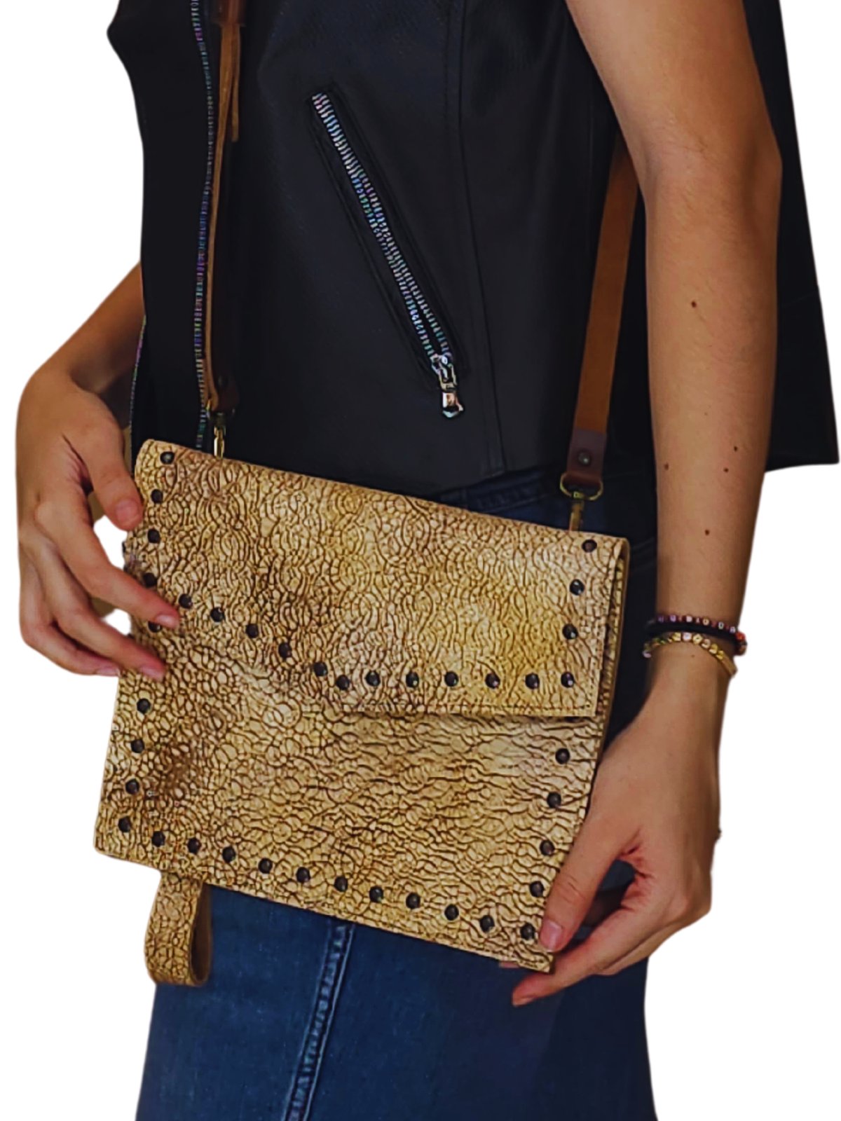 Hybrid Crosboddy Hand Wrist Bag Crocodile Embossed Beige Light Yellow - Tenku Designs