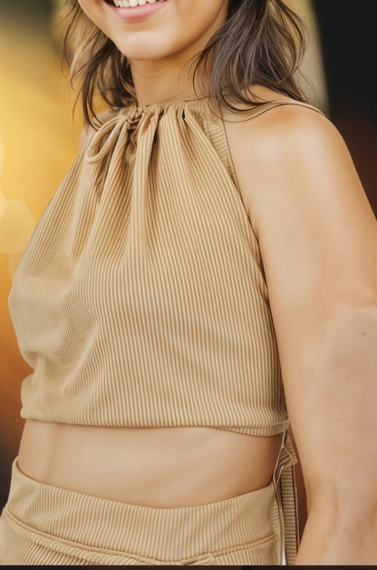 Khaki Ribbed Pencil Drawstring Skirt – Effortless Comfort & Chic Style - Tenku Designs