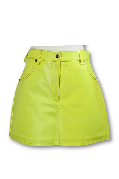 Lambskin Leather Mini Skirt Lime Green * - Tenku Designs