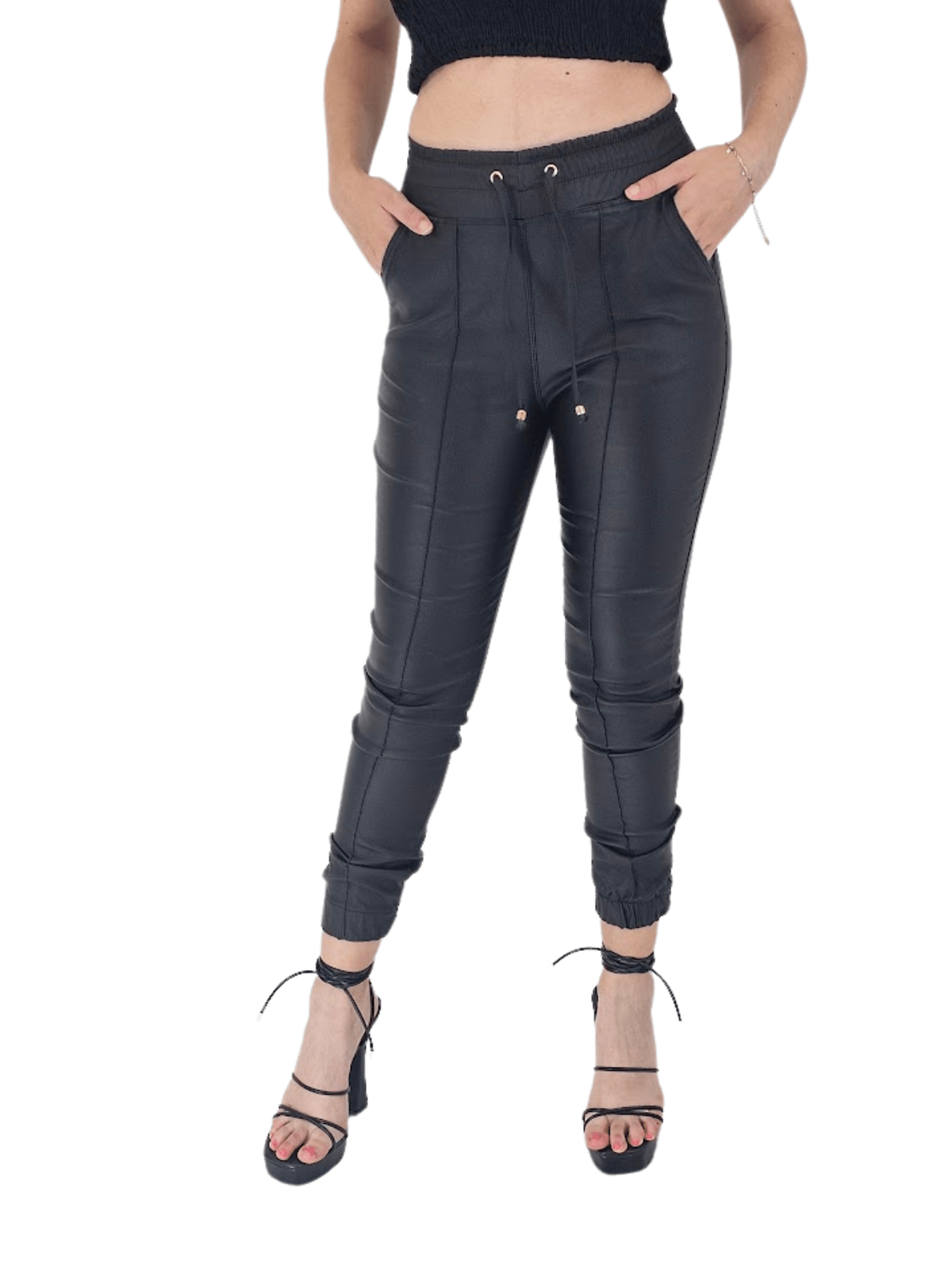 Leather like Jogger Pants with Adjustable Waistband & Gold Accents Black - Tenku Designs