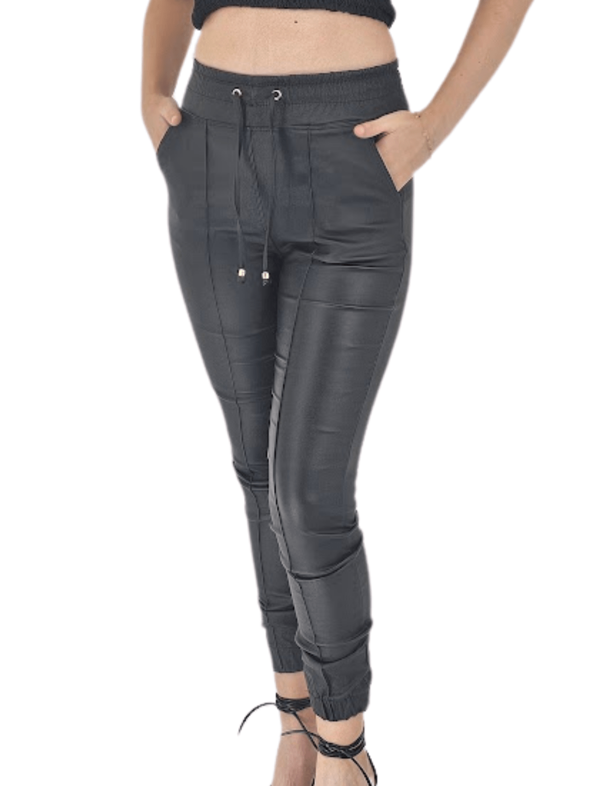 Leather like Jogger Pants with Adjustable Waistband & Gold Accents Black - Tenku Designs