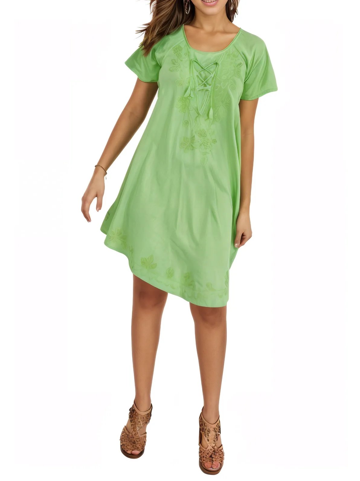 Lime Green Boho Short Sleeve Flowy Dress – Loose Fit| Tenku Designs - Tenku Designs
