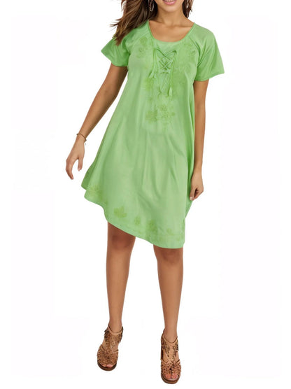 Lime Green Boho Short Sleeve Flowy Dress – Loose Fit| Tenku Designs - Tenku Designs