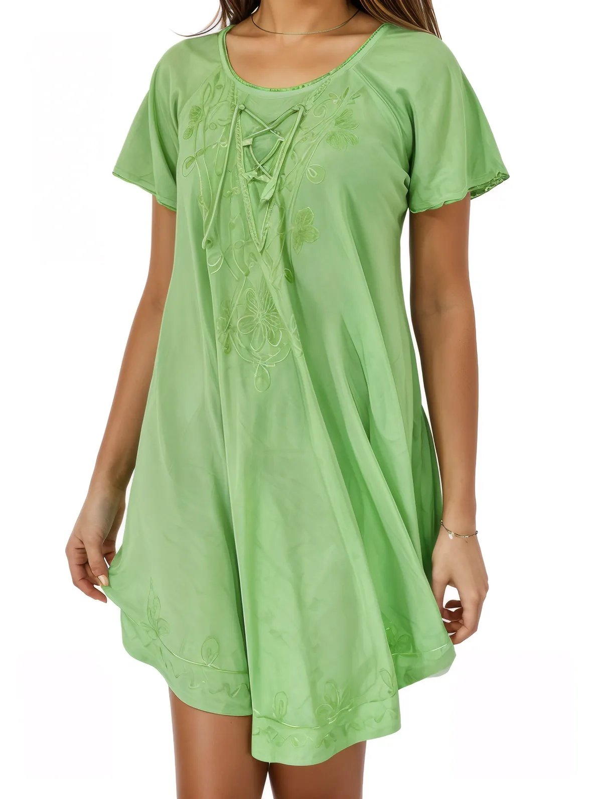 Lime Green Boho Short Sleeve Flowy Dress – Loose Fit| Tenku Designs - Tenku Designs