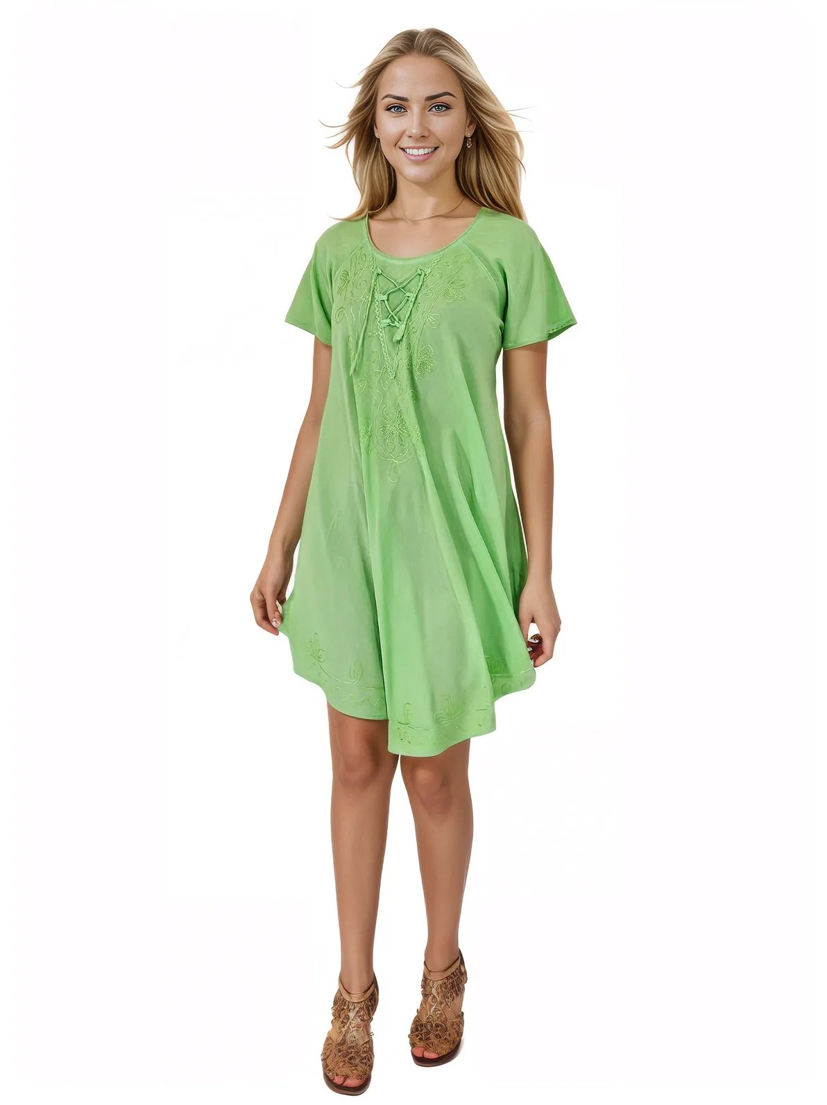 Lime Green Boho Short Sleeve Flowy Dress – Loose Fit| Tenku Designs - Tenku Designs