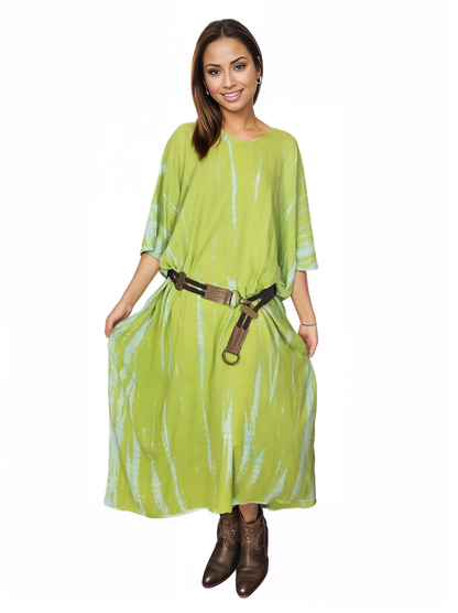 Lime Green Hand - Dyed Tie - Dye Maxi Kaftan Dress – Boho Chic, Flowy and Comfortable - Tenku Designs