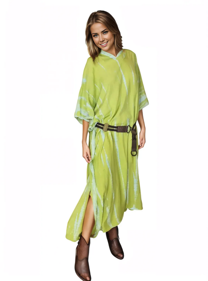 Lime Green Hand - Dyed Tie - Dye Maxi Kaftan Dress – Boho Chic, Flowy and Comfortable - Tenku Designs