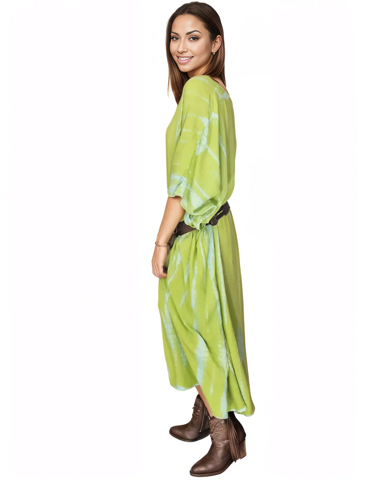 Lime Green Hand - Dyed Tie - Dye Maxi Kaftan Dress – Boho Chic, Flowy and Comfortable - Tenku Designs