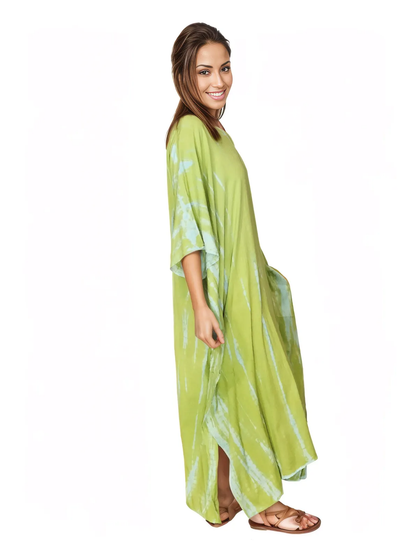 Lime Green Hand - Dyed Tie - Dye Maxi Kaftan Dress – Boho Chic, Flowy and Comfortable - Tenku Designs