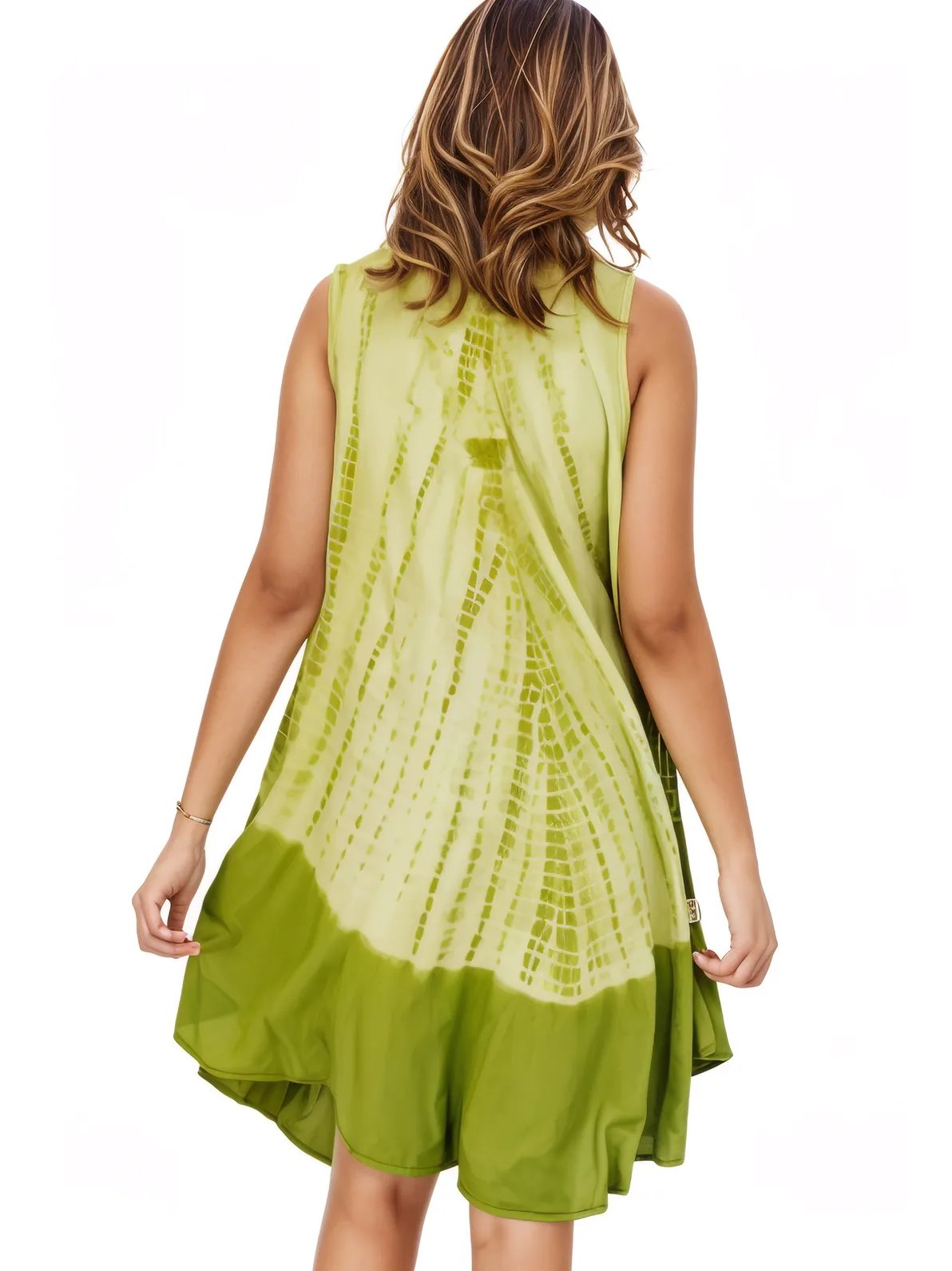 Lime Green Tie - Dye Sleeveless Boho Dress – Lightweight & Embroidered | Tenku Designs - Tenku Designs