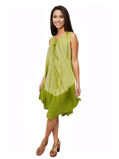Lime Green Tie - Dye Sleeveless Boho Dress – Lightweight & Embroidered | Tenku Designs - Tenku Designs
