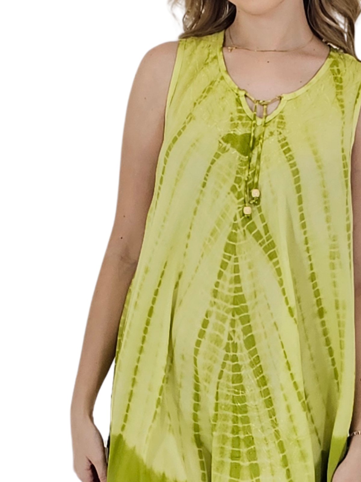 Lime Green Tie - Dye Sleeveless Boho Dress – Lightweight & Embroidered | Tenku Designs - Tenku Designs