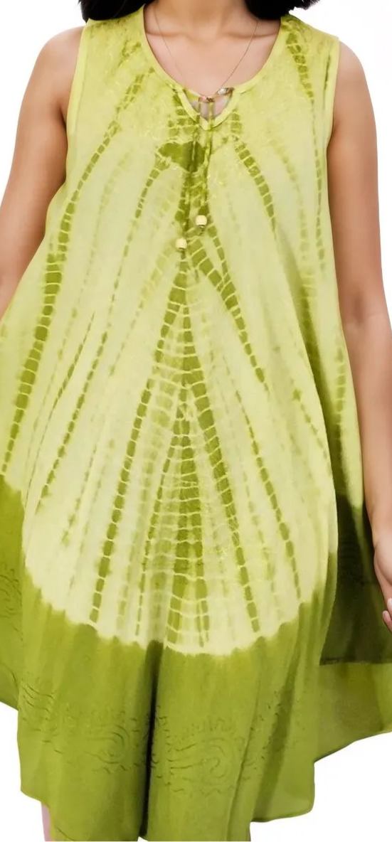 Lime Green Tie-Dye Sleeveless Boho Dress – Lightweight & Embroidered | Tenku Designs