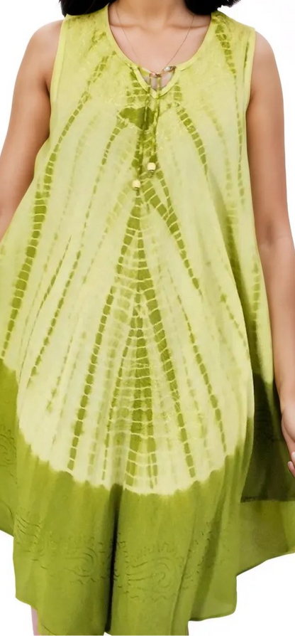 Lime Green Tie-Dye Sleeveless Boho Dress – Lightweight & Embroidered | Tenku Designs