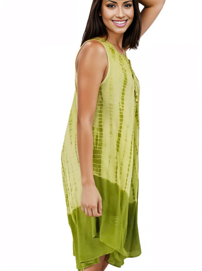 Lime Green Tie - Dye Sleeveless Boho Dress – Lightweight & Embroidered | Tenku Designs - Tenku Designs