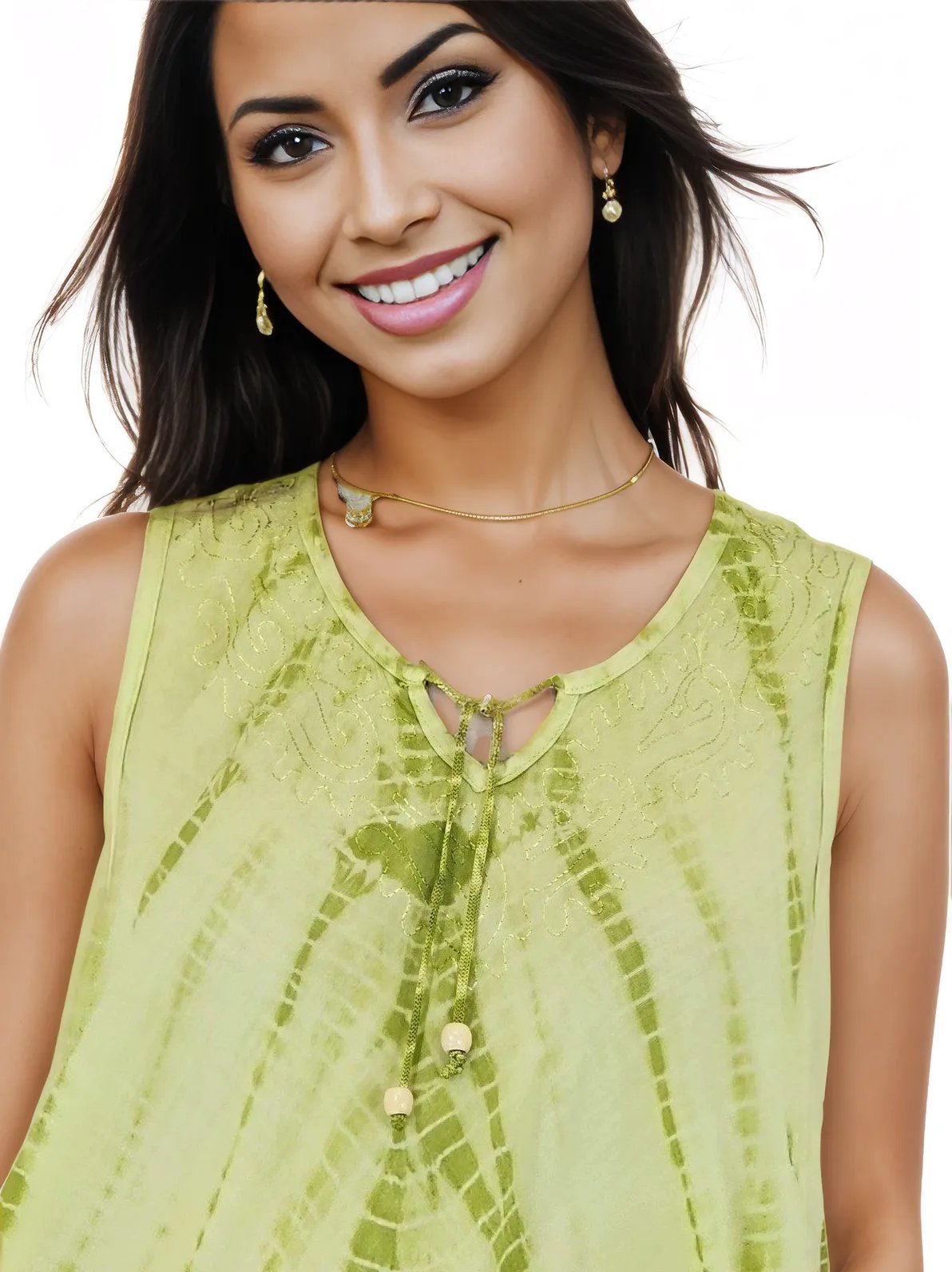 Lime Green Tie - Dye Sleeveless Boho Dress – Lightweight & Embroidered | Tenku Designs - Tenku Designs