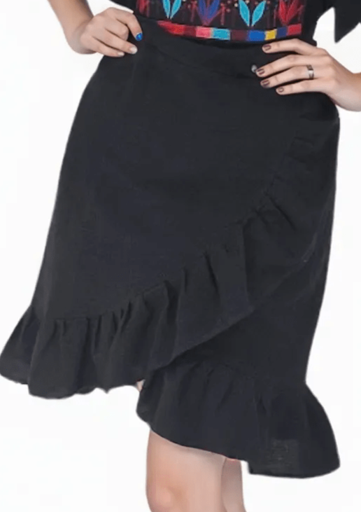 Hand-Embroidered Mexican Cotton Dress – Black Boho Flutter Sleeve Artisan Wrap Skirt