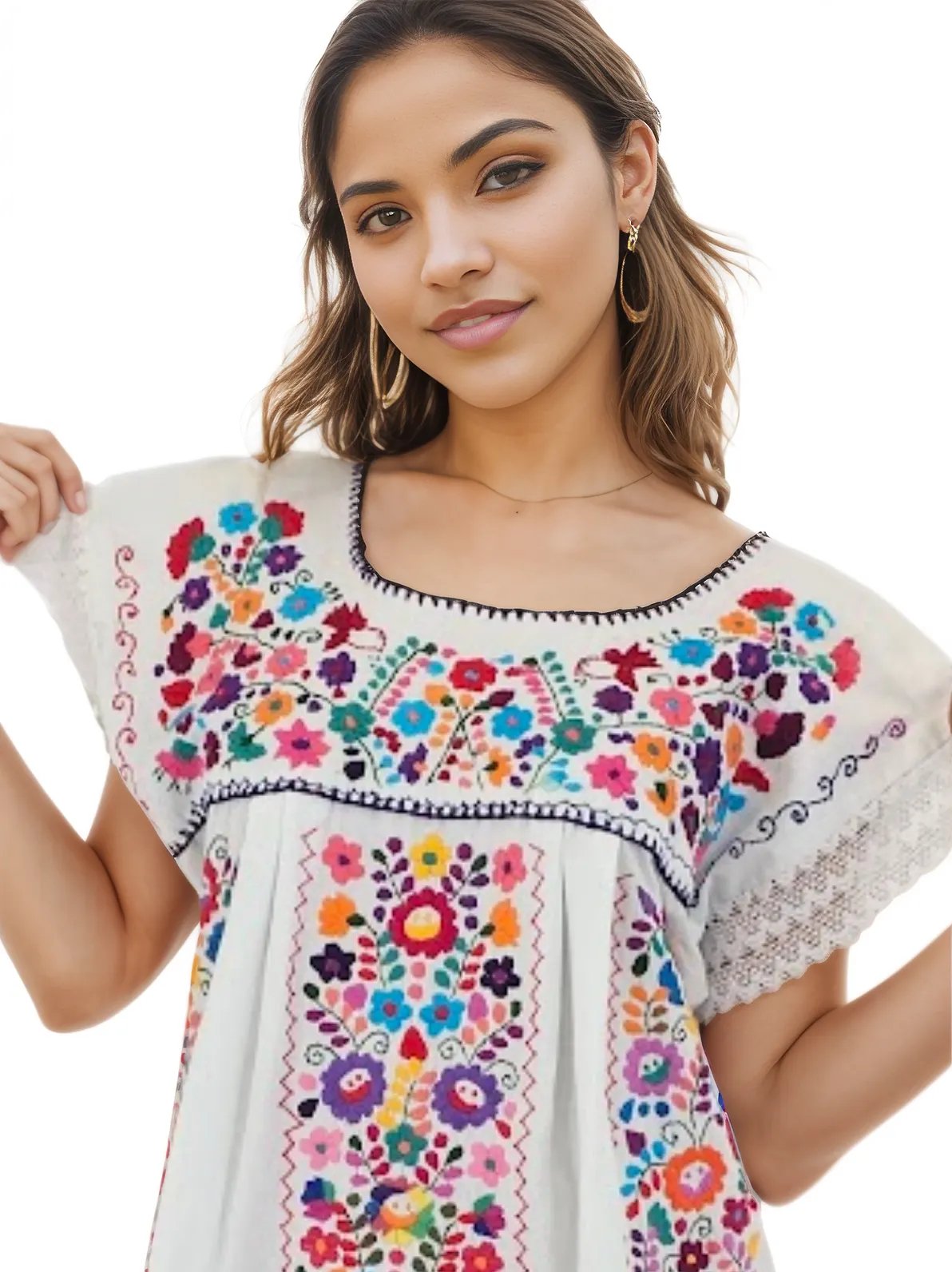 Mexican Folkloric Embrodered Huipil White - Tenku Designs