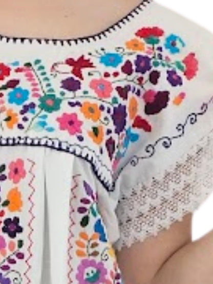 Mexican Folkloric Embrodered Huipil White - Tenku Designs