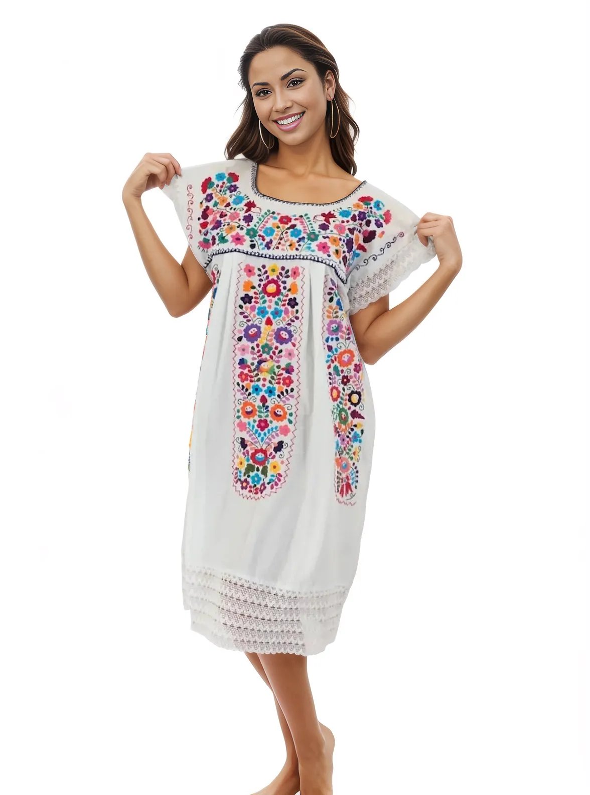 Mexican Folkloric Embrodered Huipil White - Tenku Designs
