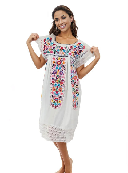 Mexican Folkloric Embrodered Huipil White - Tenku Designs