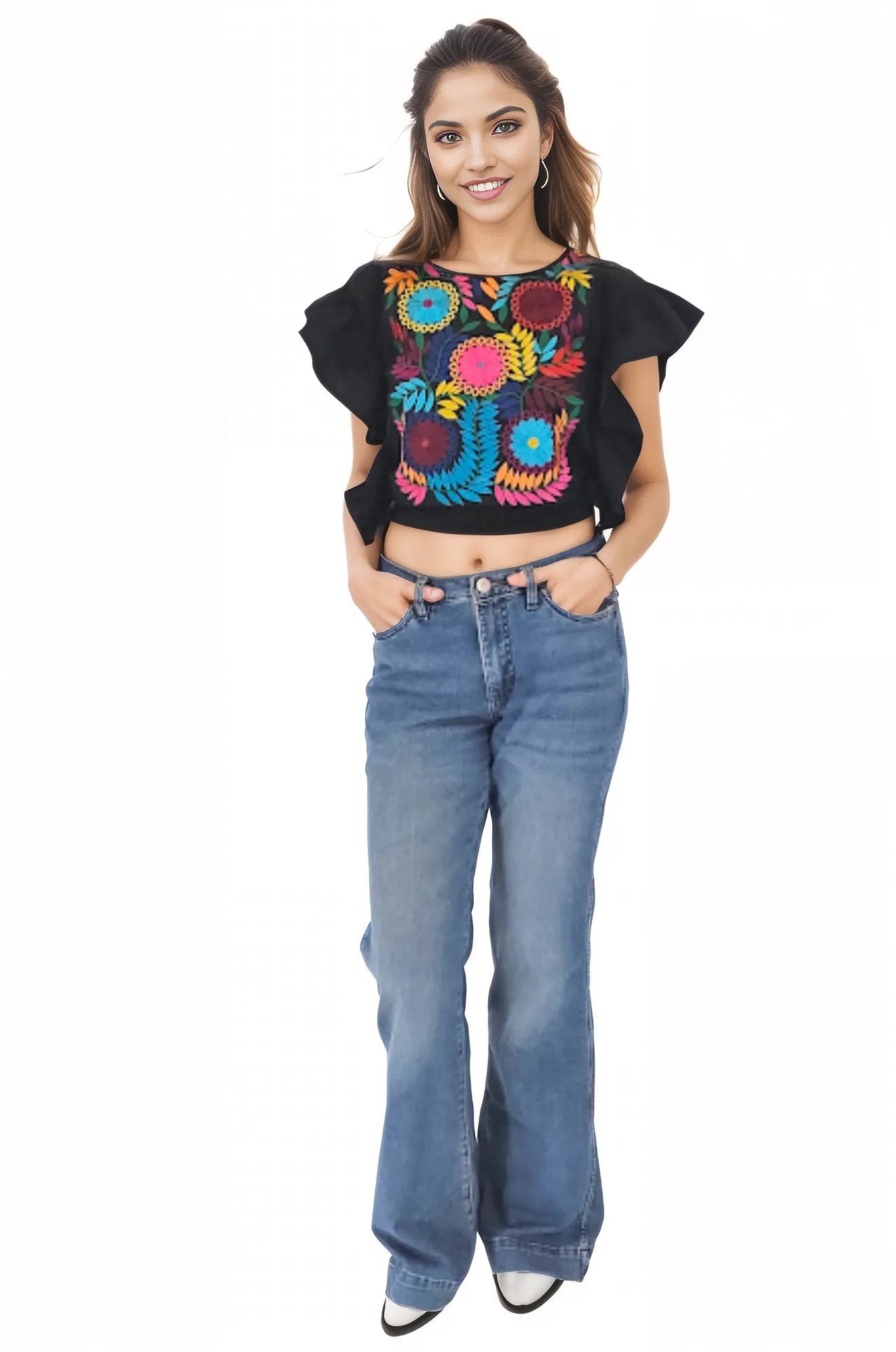 Mexican Folkloric Embrodered Top Flowers - Tenku Designs