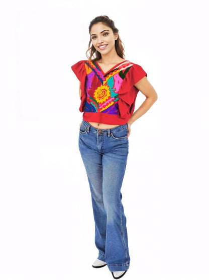 Mexican Folkloric Rococo Top Red - Tenku Designs