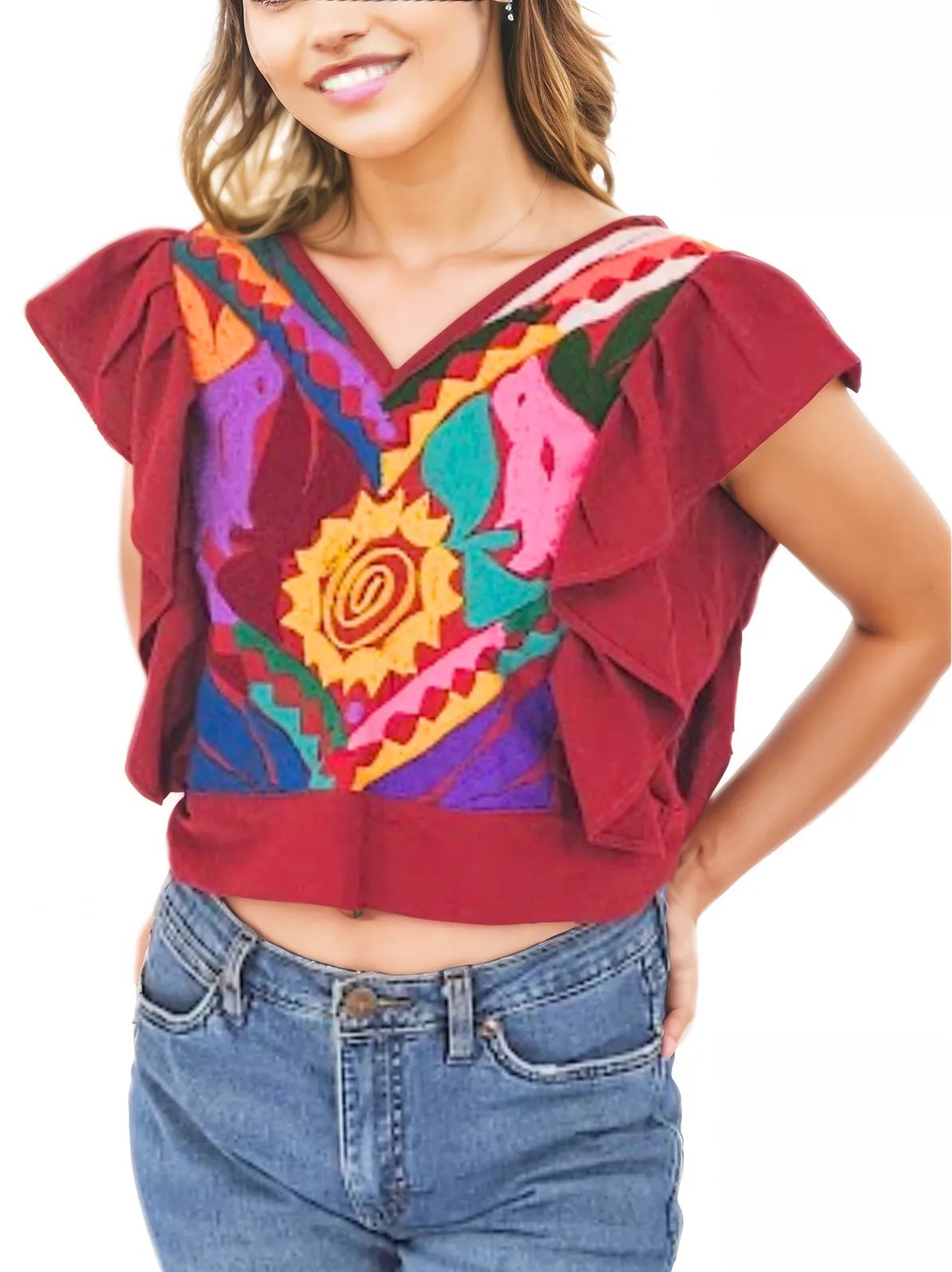 Mexican Folkloric Rococo Top Red - Tenku Designs