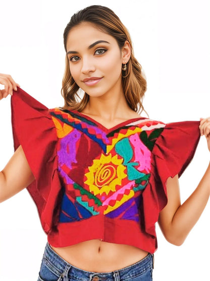 Mexican Folkloric Rococo Top Red - Tenku Designs