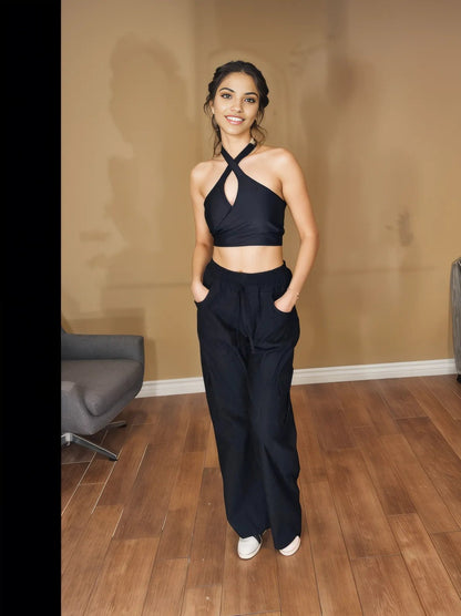 Multi - Way Halter Cross Neck Wrap Top with 2 Interchangeable Buckles – Adjustable, Chlorine - Resistant, Versatile Crop Top Black - Tenku Designs