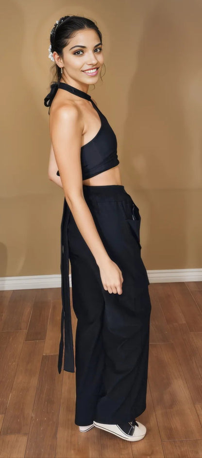 Multi - Way Halter Cross Neck Wrap Top with 2 Interchangeable Buckles – Adjustable, Chlorine - Resistant, Versatile Crop Top Black - Tenku Designs