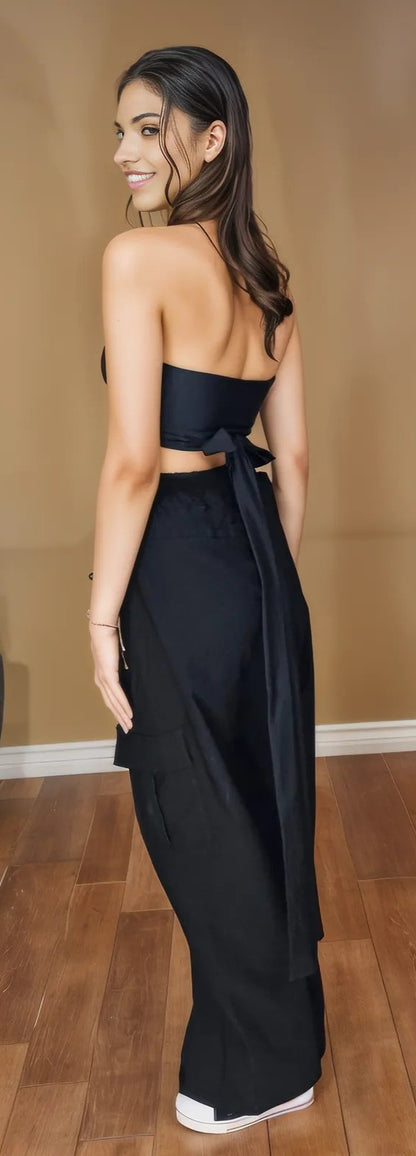 Multi - Way Halter Cross Neck Wrap Top with 2 Interchangeable Buckles – Adjustable, Chlorine - Resistant, Versatile Crop Top Black - Tenku Designs