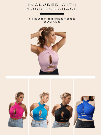 Multi - Way Halter Cross Neck Wrap Top with 2 Interchangeable Buckles – Adjustable, Chlorine - Resistant, Versatile Crop Top Black - Tenku Designs