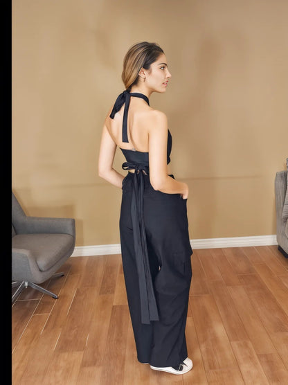 Multi - Way Halter Cross Neck Wrap Top with 2 Interchangeable Buckles – Adjustable, Chlorine - Resistant, Versatile Crop Top Black - Tenku Designs